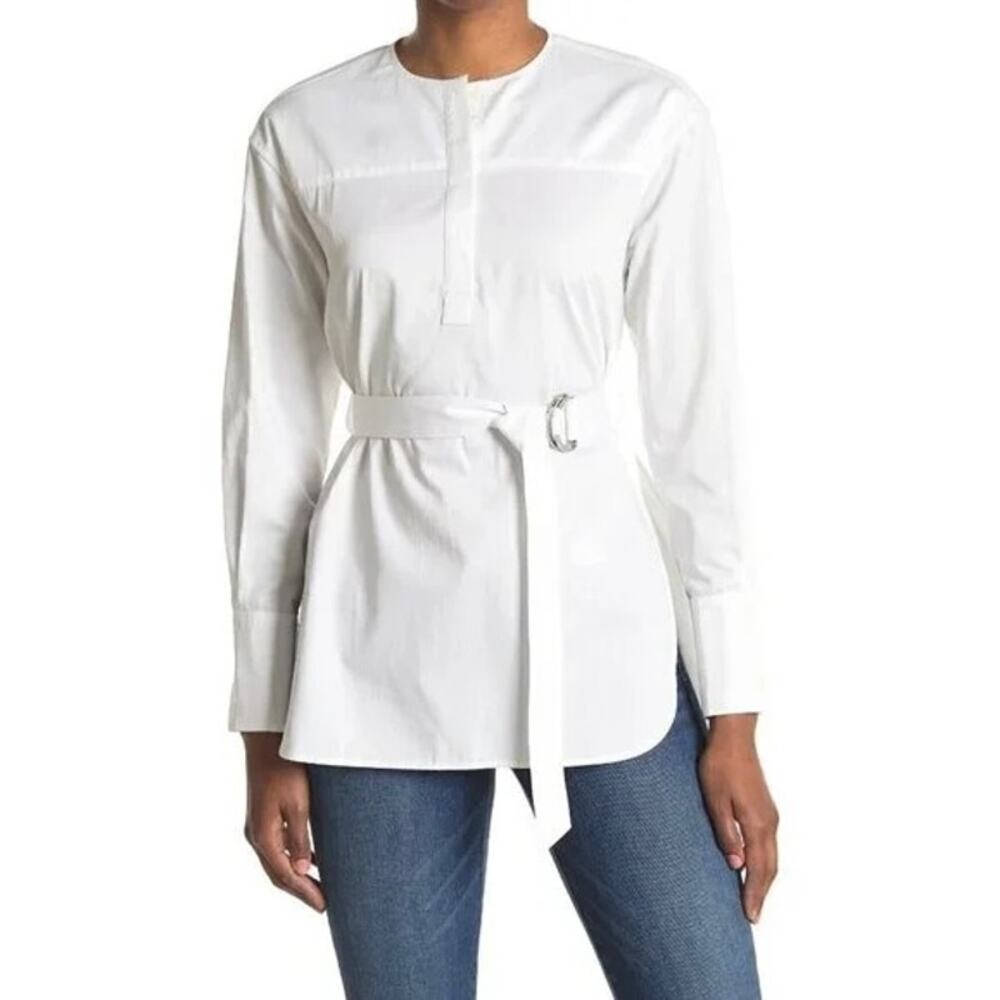 La Ligne White Cotton Tunic Top XS Long Sleeve Minimalist Shirt **Belt Missing**